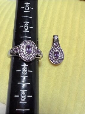Retired D’Joy Sterling Silver Purple sapphire Halo Ring and Pendant Set
